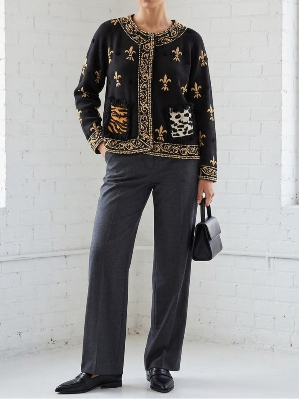 Vintage 1992 Michael Simon Fleur De Lis Beaded Embroidered Sweater Animal Print